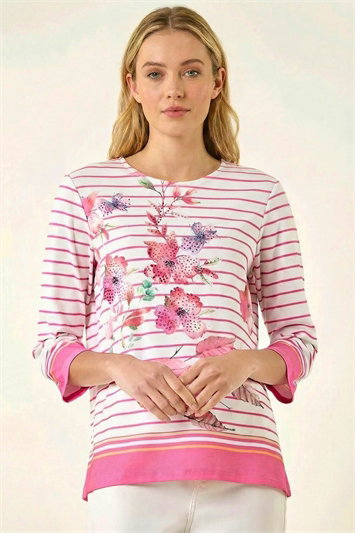 Pink Stripe Floral Print Stretch Top