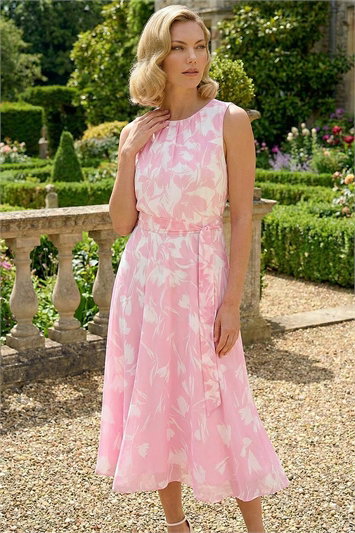 Floral Chiffon Pleat Neck Dress 14858972