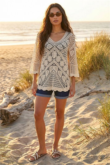 Cream Crochet Lace V-Neck Open Knit