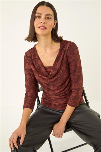 Brown Cowl Neck Jacquard Stretch Top