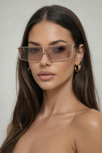 Black Retangle Flattop Metal Sunglasses In Brown