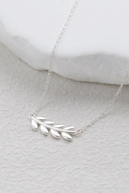 Metallic Sterling Silver Olive Leaf Pendant  Necklace