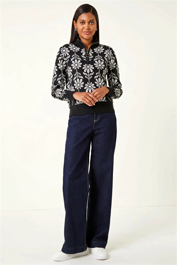 Black Floral Zip Front Jumper