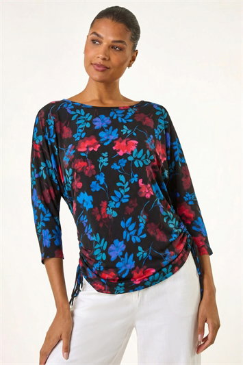 Blue Floral Print Tie Detail Stretch Top