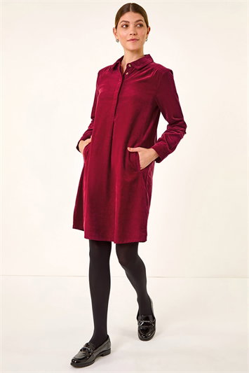 Red Corduroy Tunic Shirt Dress
