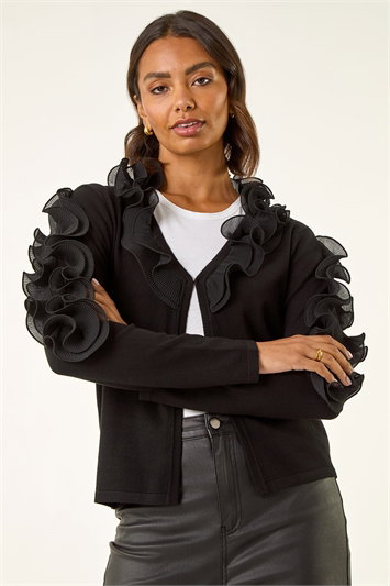 Black Ruffle Contrast Knit Cardigan
