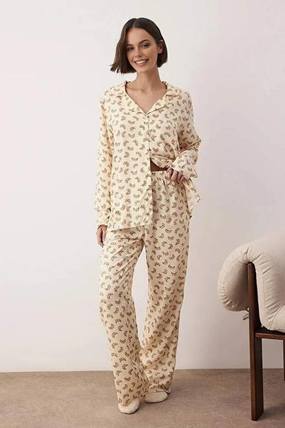Multi Croissant Print Viscose Woven Long Sleeve Pyjama Set