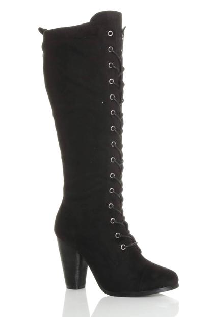 Black High Heel Lace Up Victorian Style Knee Boots