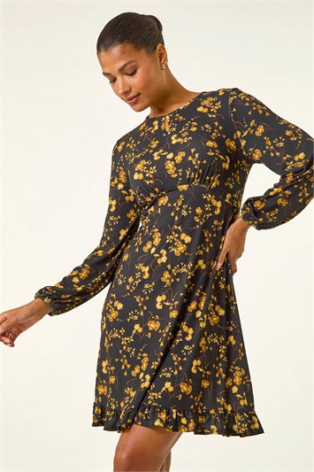 Metallic Floral Print Frill Stretch Dress