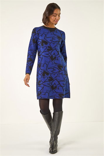 Blue Jacquard Heart Knit Dress