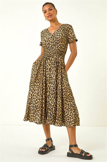 Animal Print Shirred Midi Dress 14745989