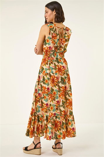 Floral Print Frill V-Neck Maxi Dress 14904664