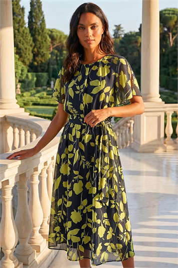 Blue Floral Split Sleeve Midi Dress