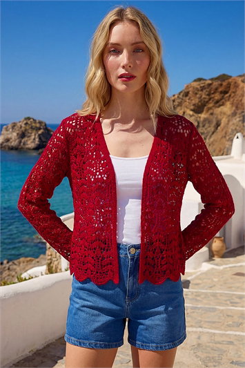 Red Crochet Edge To Edge Cardigan