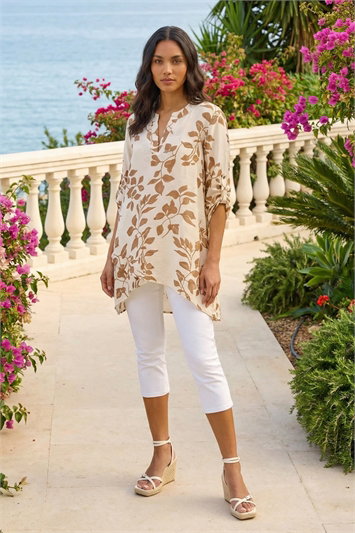 Cream Leaf Print Wrap Hem Tunic Top