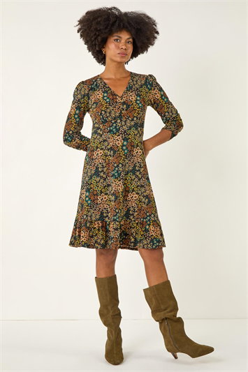 Floral Print V-Neck Stretch Dress 14777991