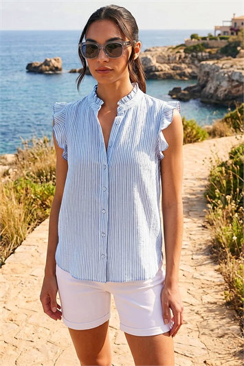 Stripe Print Frill Sleeve Blouse 10237309