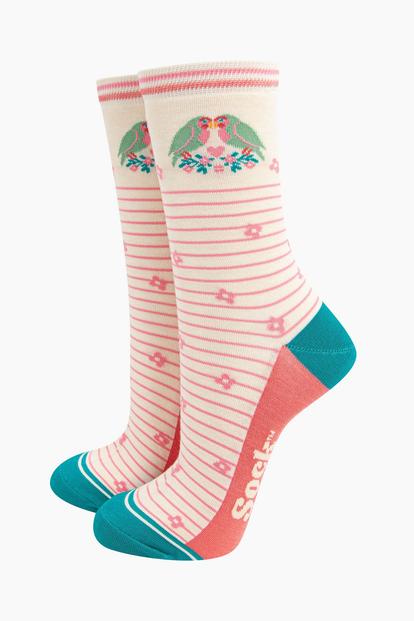 Cream Bamboo Socks - Cream, Lovebird Stripe