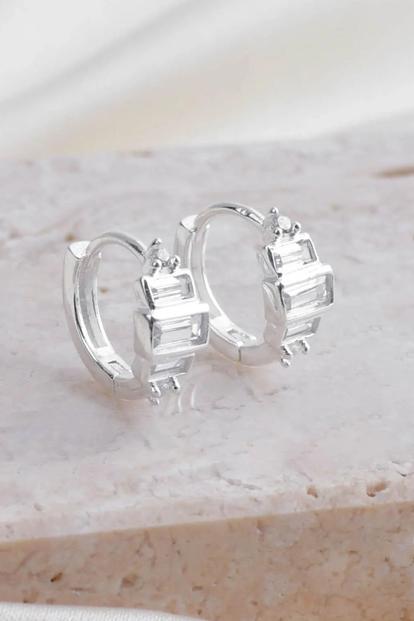 Metallic Sterling Silver Cz Croissant Huggie Hoops