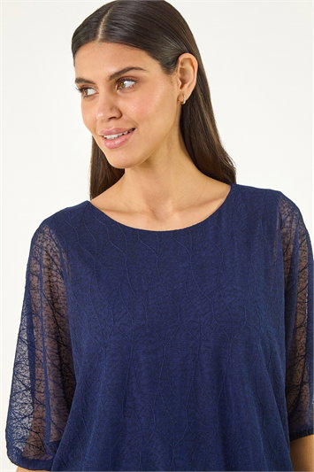 Blue Mesh Bubble Hem Stretch Top