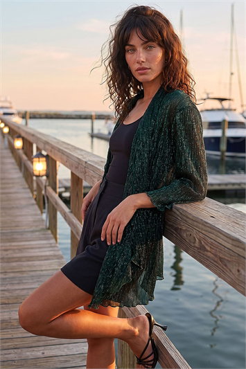 Green Plisse Print Metallic Foil Kimono