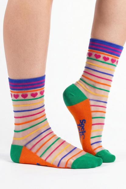 Multi Hearts Rainbow Stripes Combed Cotton Sheer Pop Socks