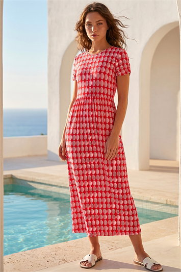 Red Petite Geometric Spot Pocket Midi Dress