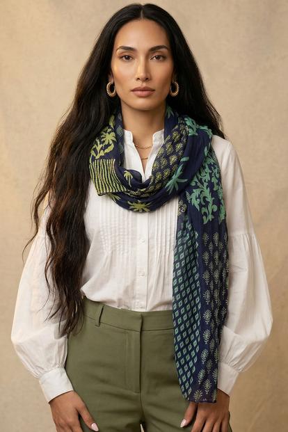 Multi Palm Tree Lightweight Cotton Scarf In Navy Blue