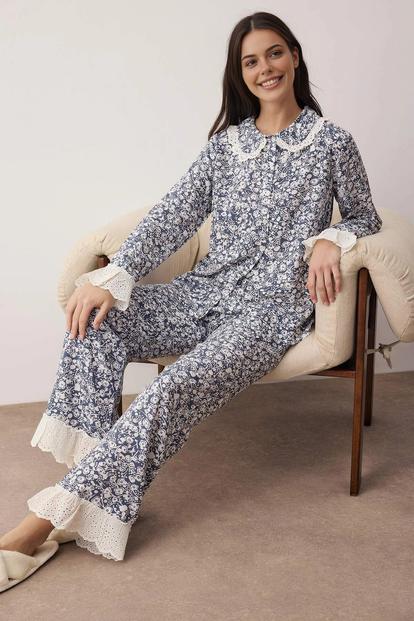 Pink Floral Viscose Woven Lace Trim Long Sleeve Pyjama Set