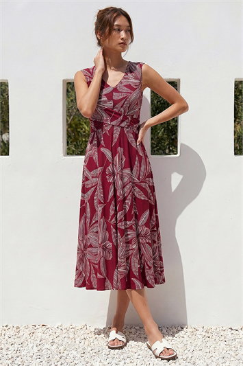 Leaf Print Twist Front Stretch Dress 14662378