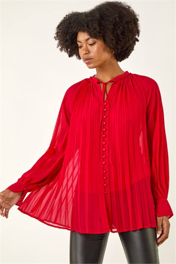 Red Tie V-Neck Pleated Blouse