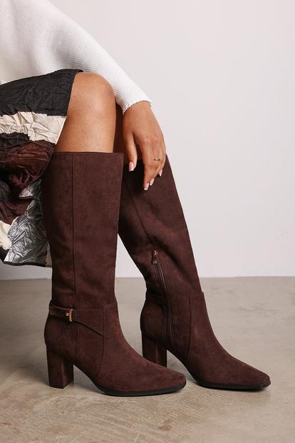 Brown 'Xenia' Knee High Heeled Boots With Side Zip