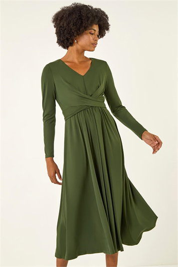 Green Twist Front Stretch Midi Dress