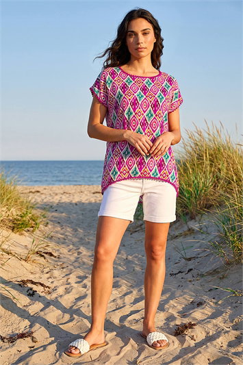 Ikat Print Bobble Trim Tee 20210172