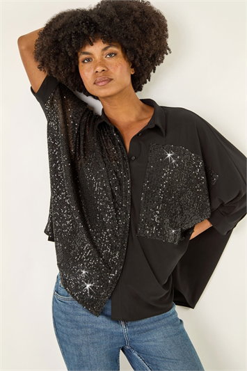 Black Sequin Buttoned Blouse