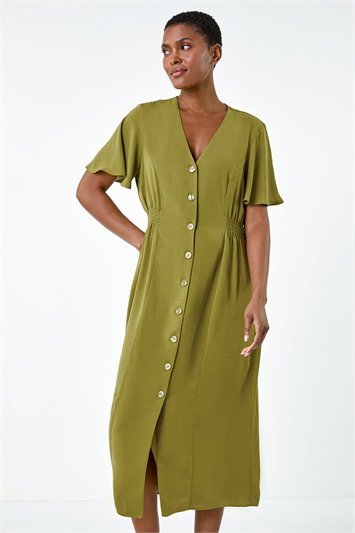 Button Down Shirred Midi Dress 14544568