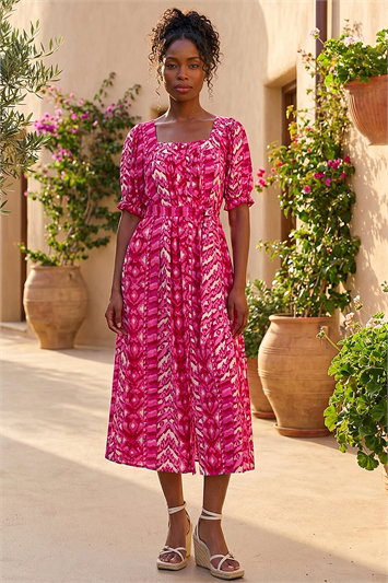 Pink Abstract Print Belted Dress