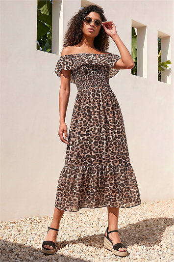 Cream Petite Animal Print Bardot Midi Dress