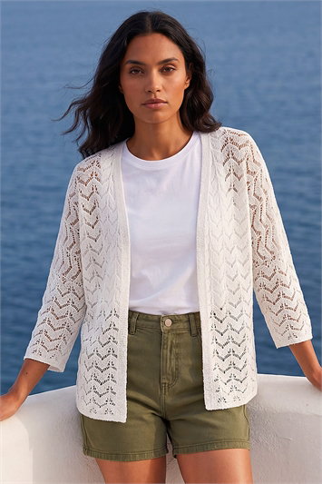 White Wave Stitch Detail Knit Cardigan