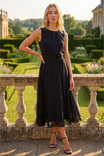 Chiffon Pleat Neck Midi Dress 14726408