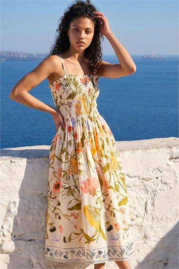 Petite Floral Print Shirred Midi Dress 14879238