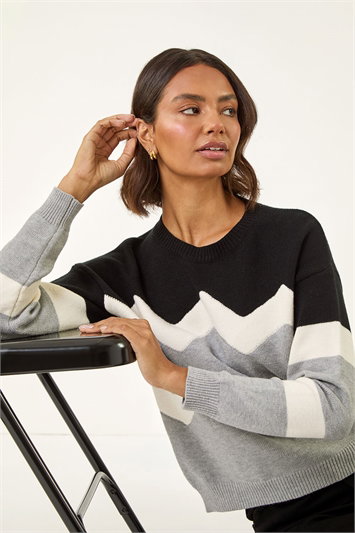 Grey Colour Block Zig Zag Knit Jumper