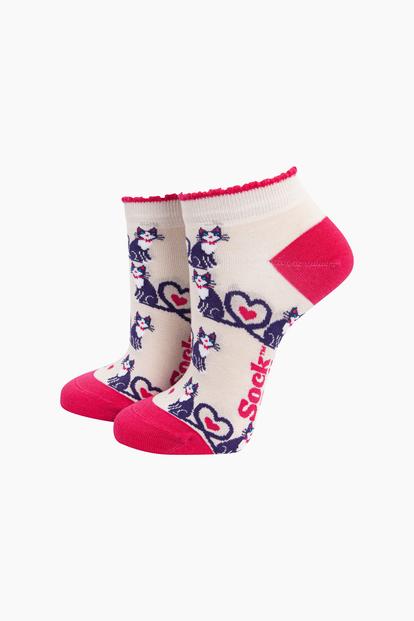 Cream Cats In Love Bamboo Trainer Socks In Cream