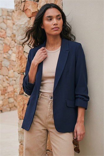 Blue Ruched 3/4 Sleeve Blazer Jacket