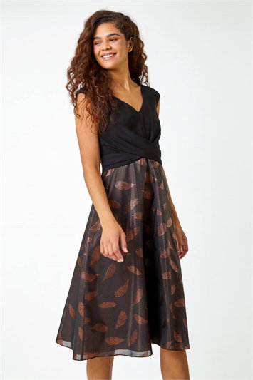 Metallic Feather Print Skater Dress 14458413