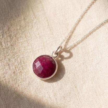 Metallic Sterling Silver Plated Round Ruby Necklace