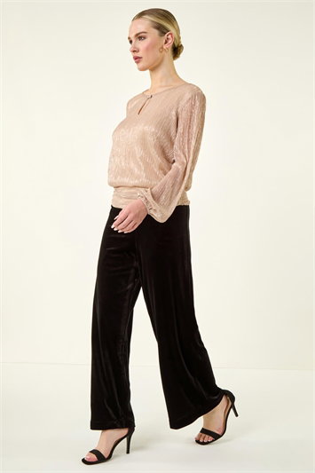 Black Petite Wide Leg Velvet Stretch Trouser