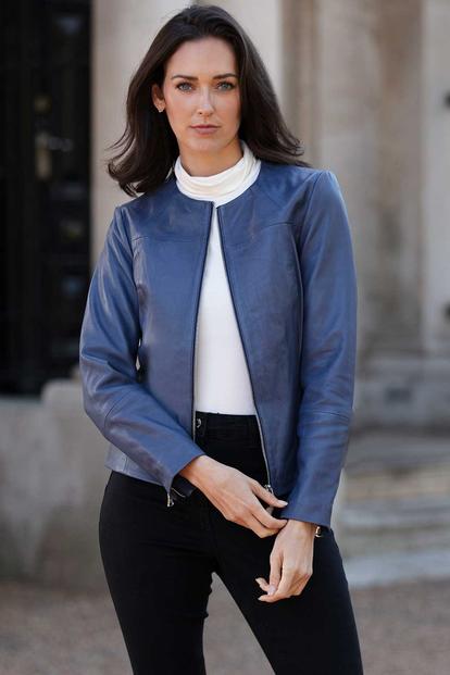 Pink 'Francesca' Collarless Real Leather Fashion Jacket