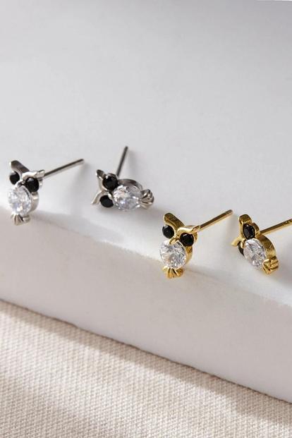 Metallic Sterling Silver Owl Studs Bird Earrings Sparkly Cz Jewellery