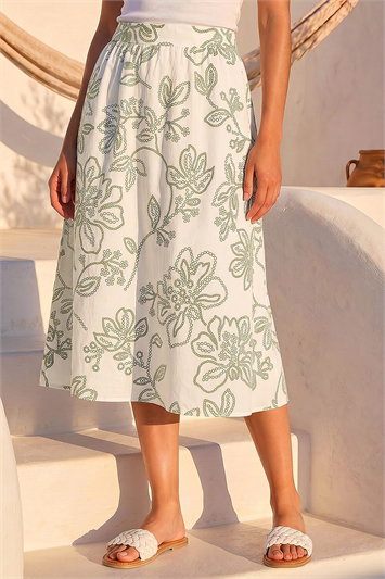 Green Floral Broderie Midi Skirt